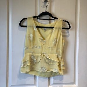 Anthropologie Yellow Metallic Floral Ruffle Sleeveless Blouse